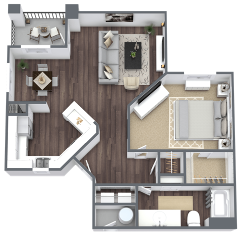 Floor plan for 1 bed, 1 bath, 898 sqft